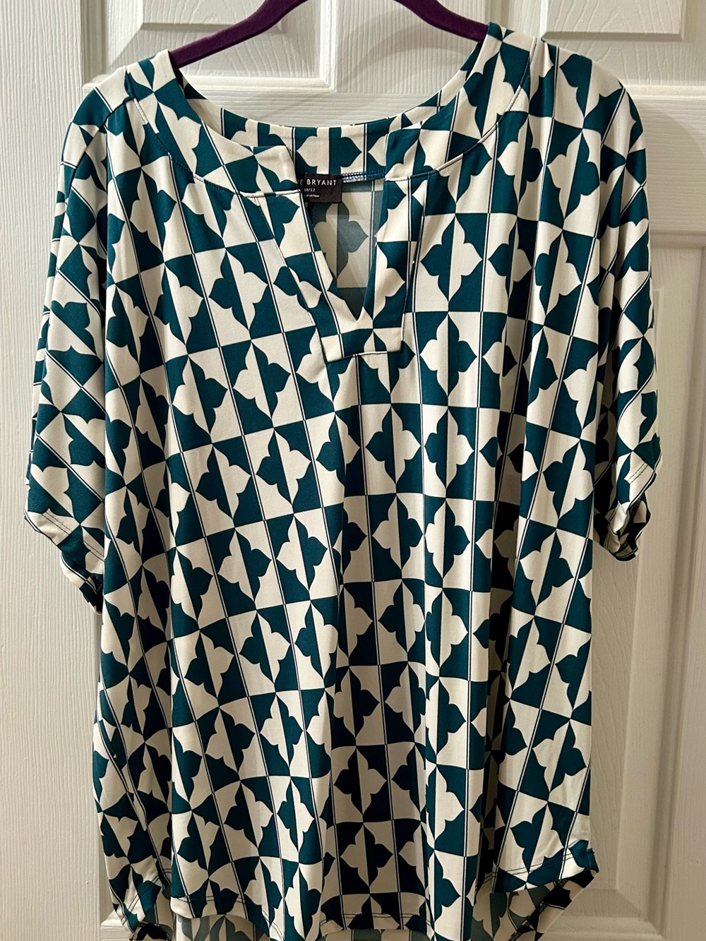 Lane Bryant Teal and White Geometric V-Neck Blouse